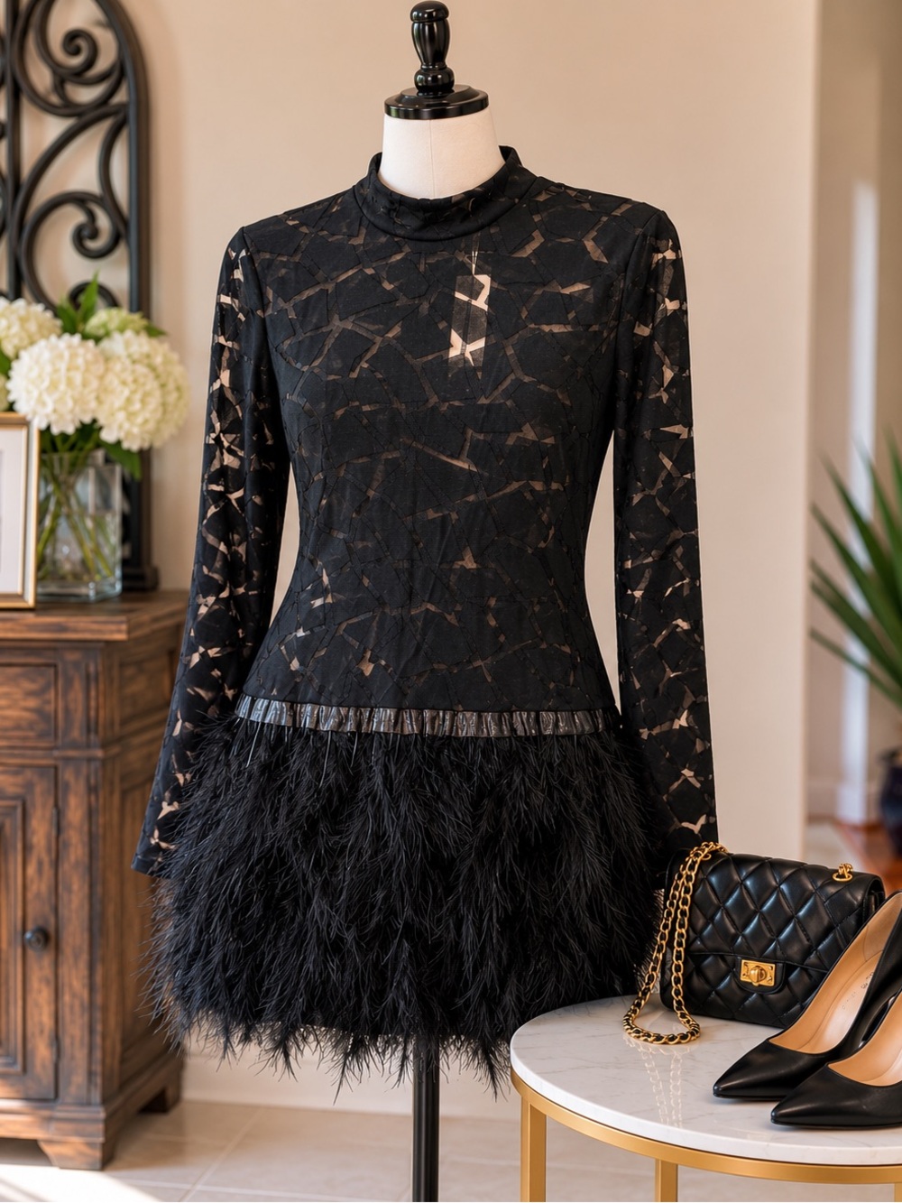 Mini Dress Large Black Stretch Lace Top and Real Feather Hem Short Dress CBR